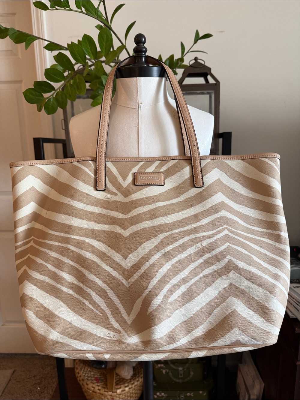 Coach Beige & Cream Zebra-Print Tote